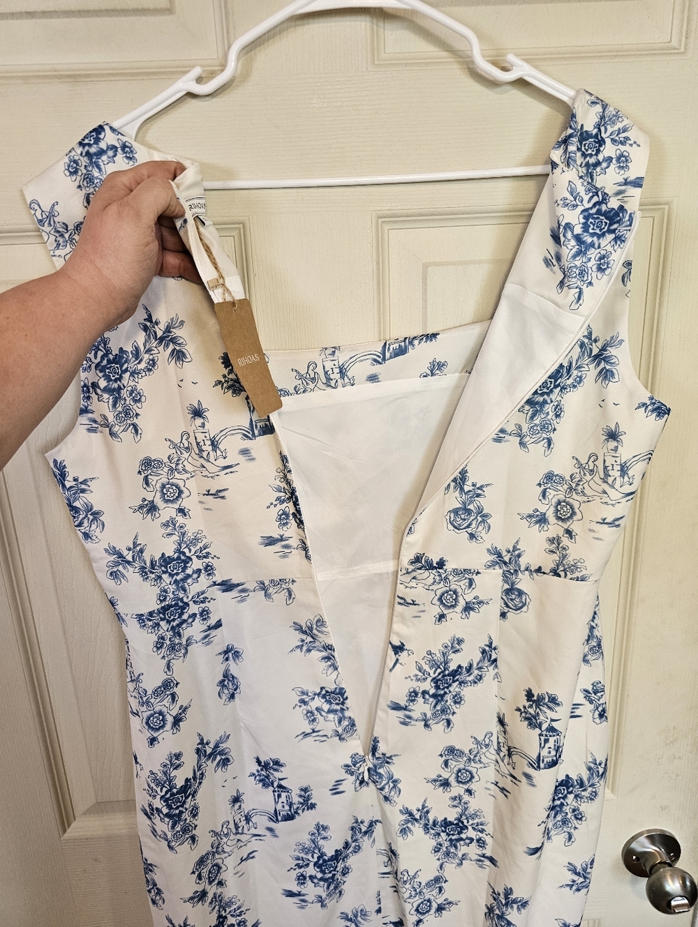 RIHOAS Square Neck Porcelain Design Floral Ruffle Trim Midi Dress - Picture 5 of 10